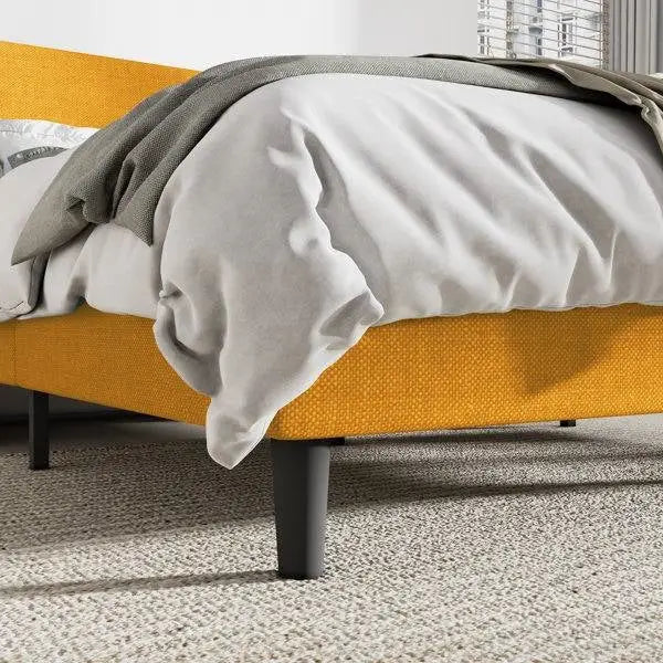 King Size Upholstered Linen Blend Headboard Wingback Platform Bed in Yellow - HomePacific