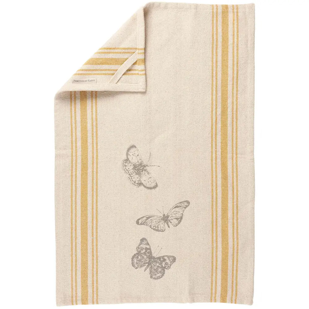 Kitchen Towel - Butterfly Yellow Stripe - Primitives by Kathy