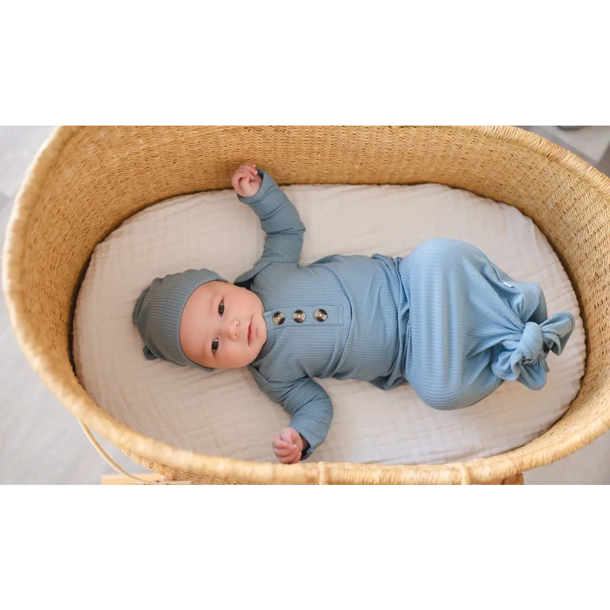 Knotted Baby Gown - Arona Blue Ribbed - Harp Angel Boutique