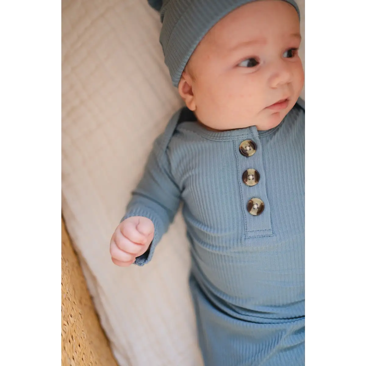 Knotted Baby Gown - Arona Blue Ribbed - Harp Angel Boutique