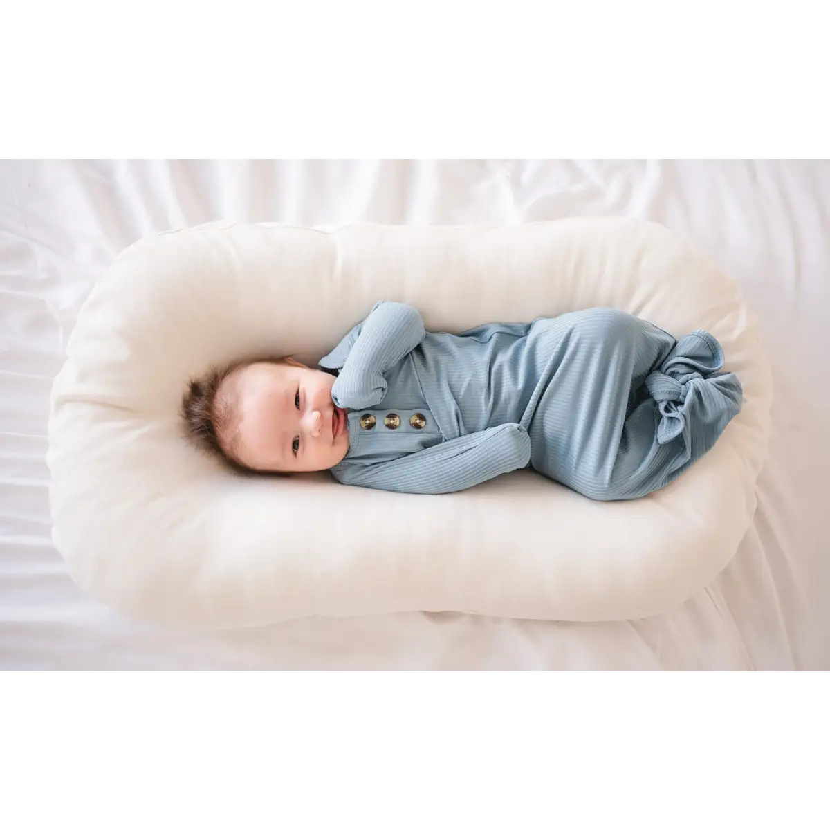 Knotted Baby Gown - Arona Blue Ribbed - Harp Angel Boutique