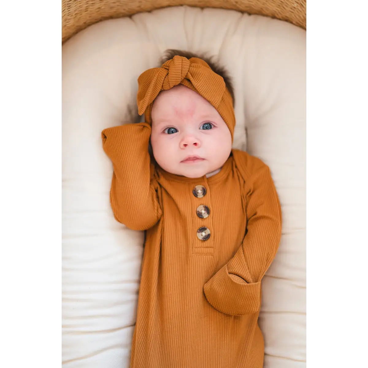 Knotted Baby Gown - Caramel Ribbed - Harp Angel Boutique