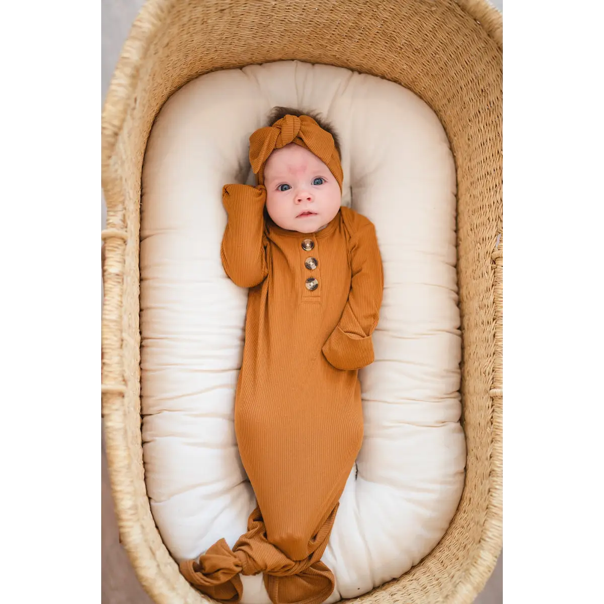 Knotted Baby Gown - Caramel Ribbed - Harp Angel Boutique