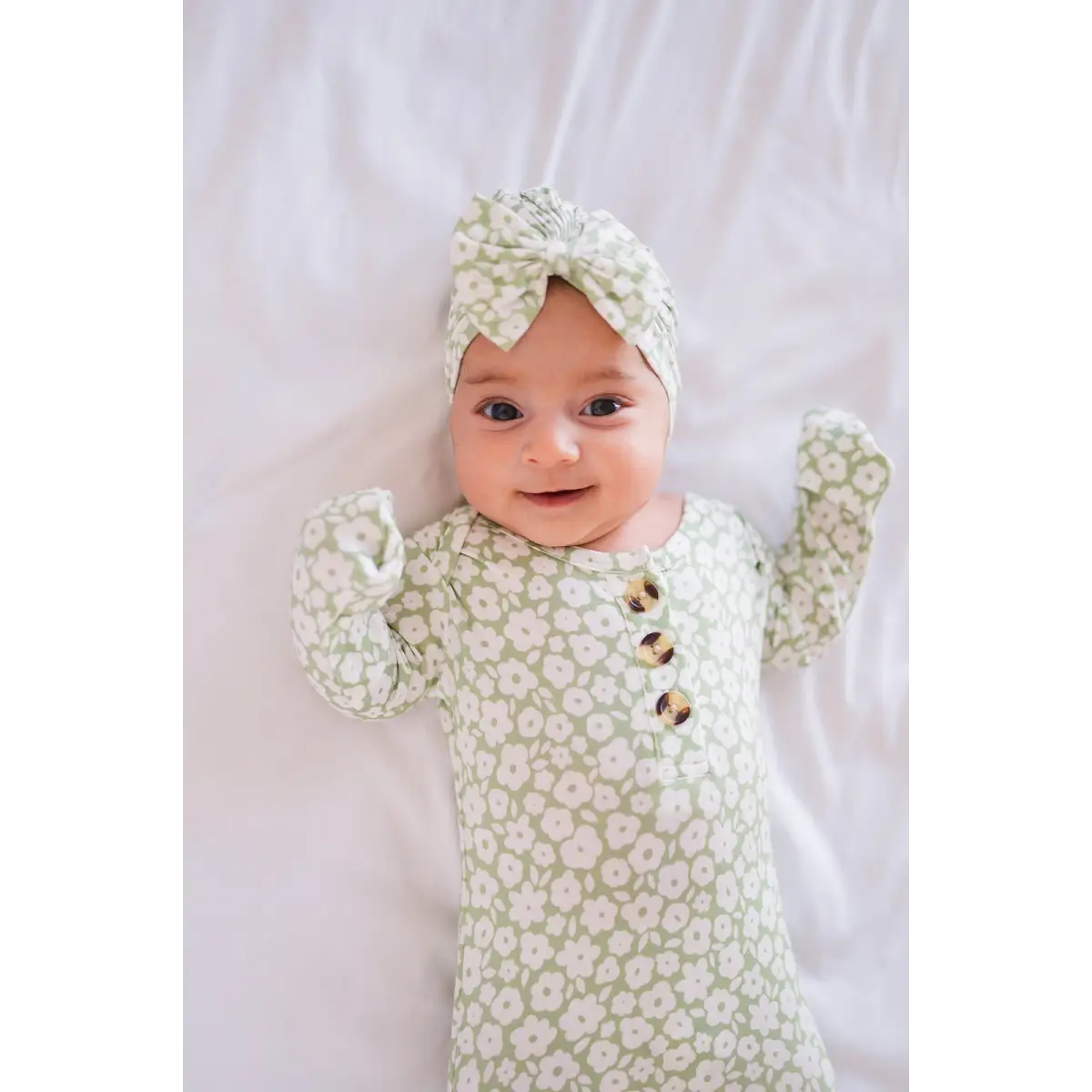 Knotted Baby Gown - Sage Ditsy Floral - Harp Angel Boutique