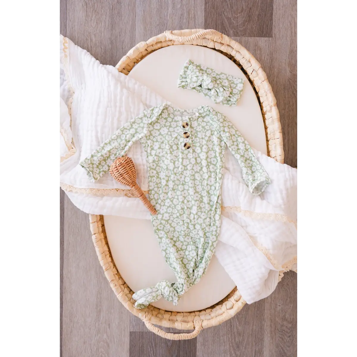 Knotted Baby Gown - Sage Ditsy Floral - Harp Angel Boutique