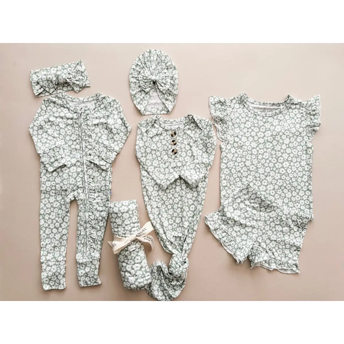 Knotted Baby Gown - Sage Ditsy Floral - Harp Angel Boutique