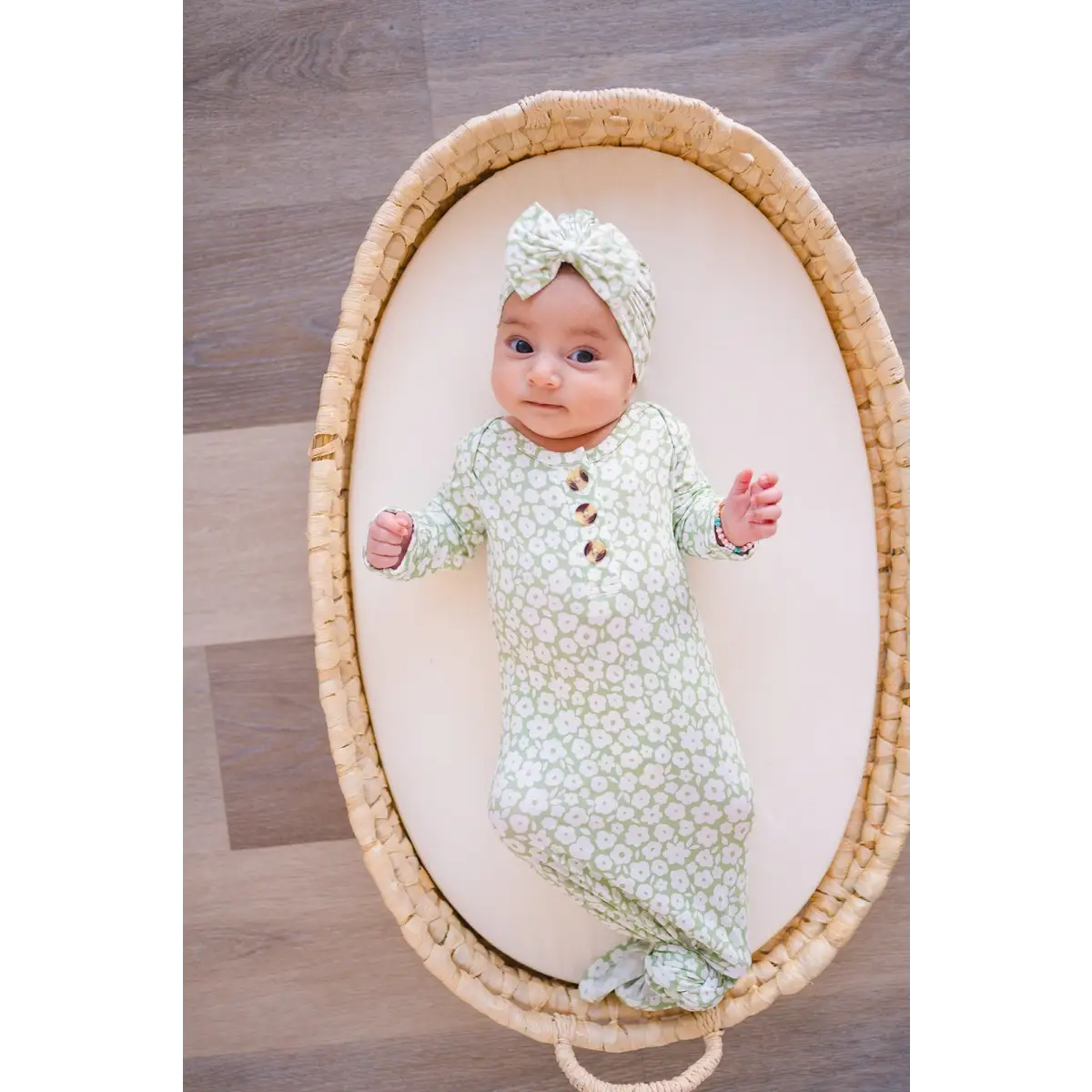 Knotted Baby Gown - Sage Ditsy Floral - Harp Angel Boutique