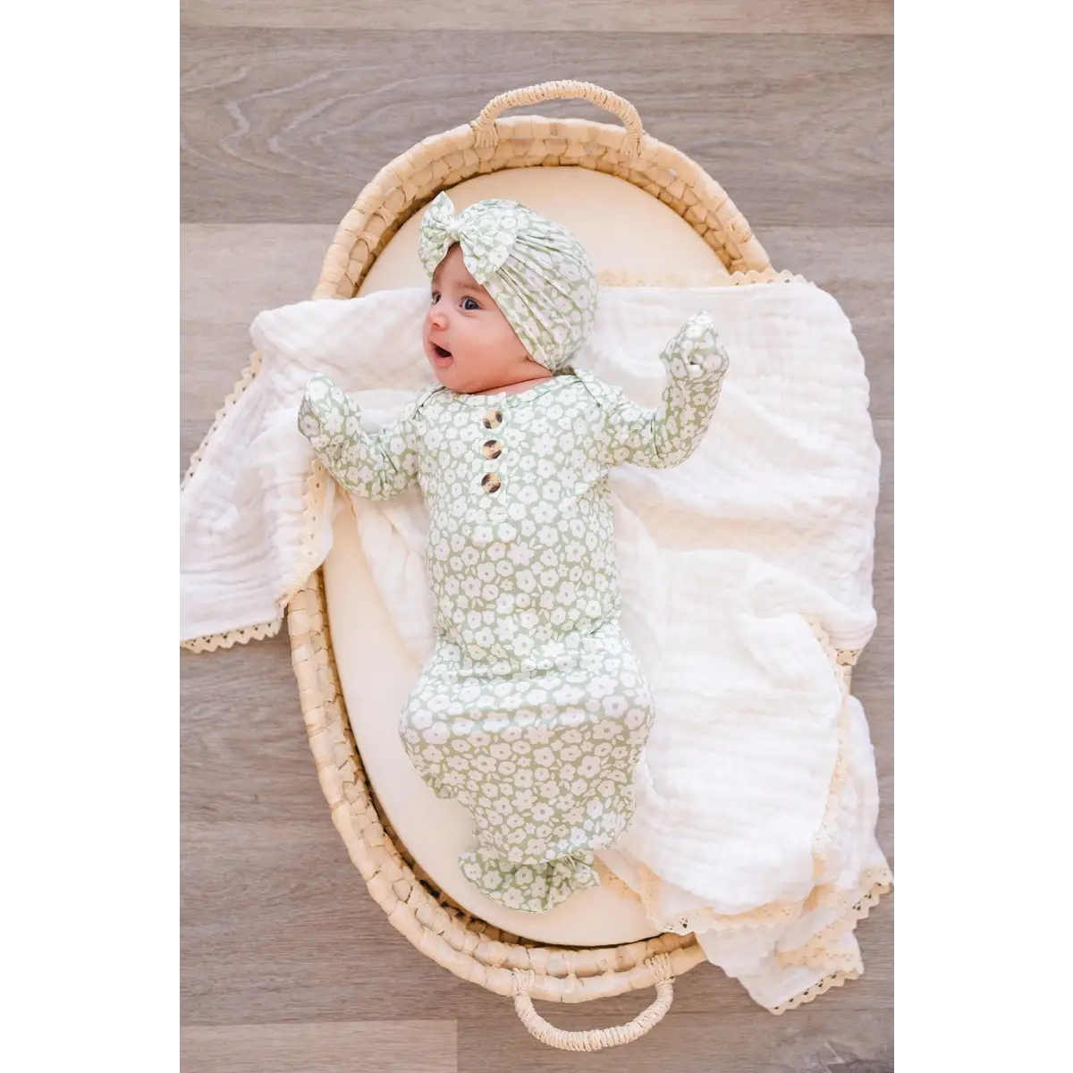 Knotted Baby Gown - Sage Ditsy Floral - Harp Angel Boutique