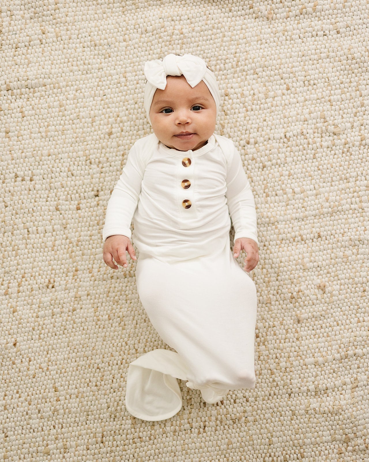 Knotted Baby Gown - White - Gown + Bow Headband - Harp Angel Boutique