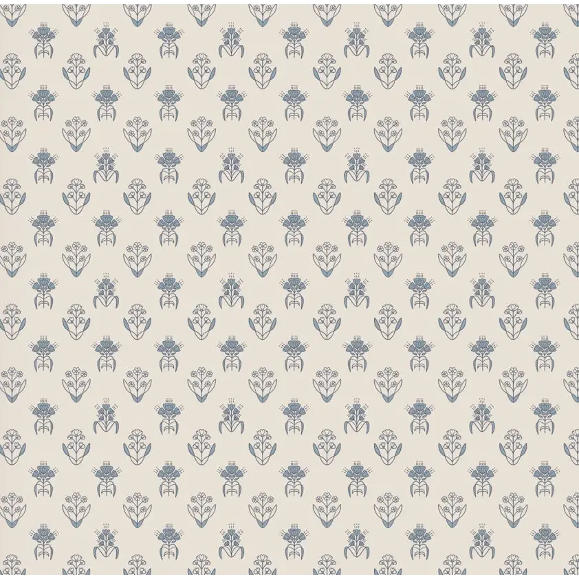 Laina Wallpaper - Petite Floral Block Print - by Quirky Paisley Designs - Sample 1 foot by 1 foot / Cream and Blue