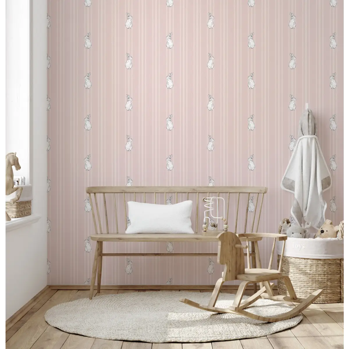 Larkin Wallpaper - Bunnies on Stripes for Kids - by Luna Pictata - Loomwell Home Goods