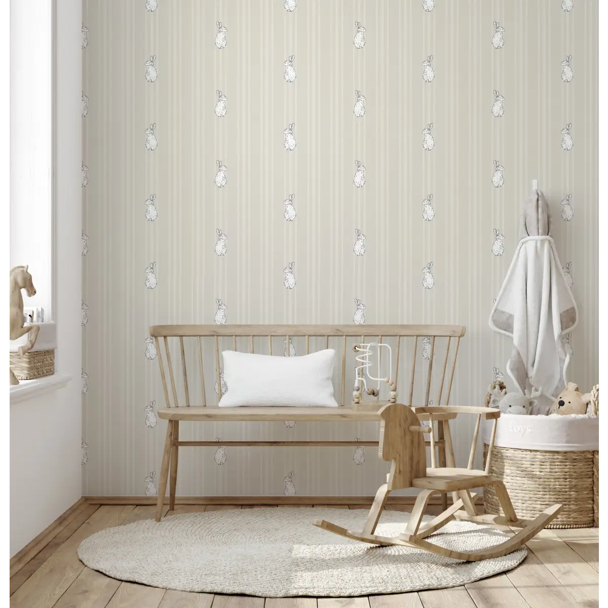 Larkin Wallpaper - Bunnies on Stripes for Kids - by Luna Pictata - Loomwell Home Goods