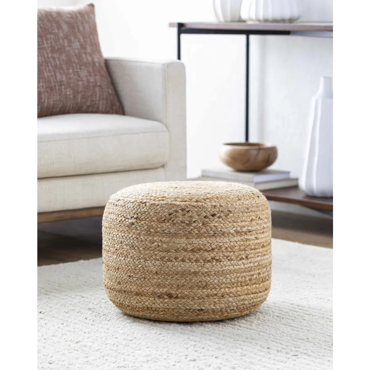 Beige Jute Pouf - 14’’H x 18’’W x 18’’D Cylinder - Boutique Rugs
