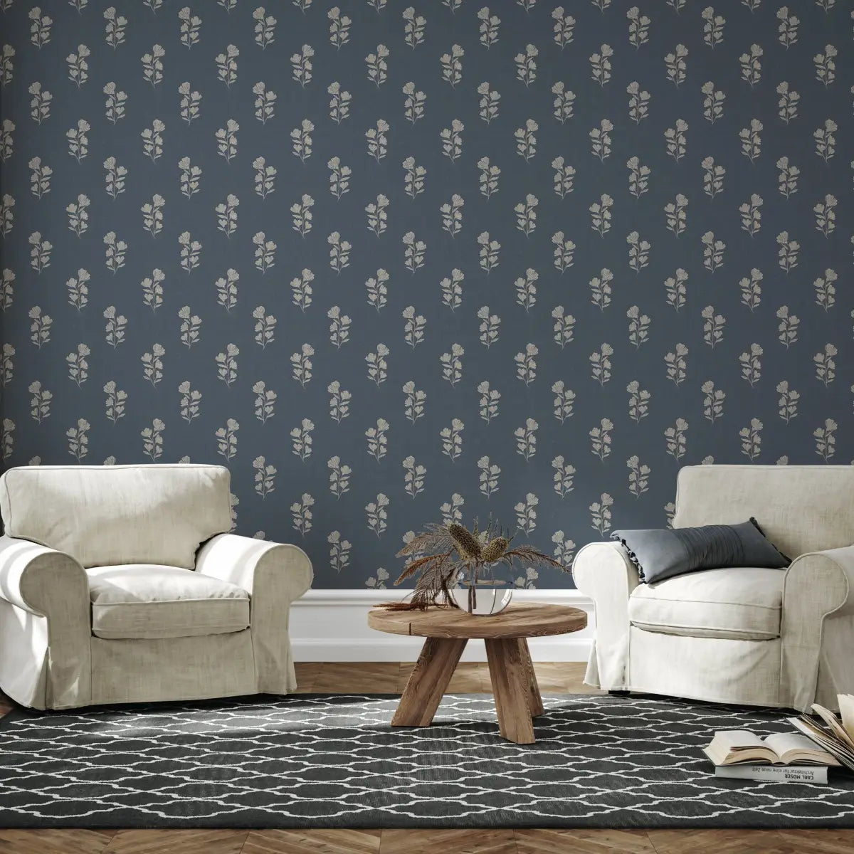 Layne Wallpaper - Flowers on Navy - by Kathryn Therese - Loomwell Home Goods