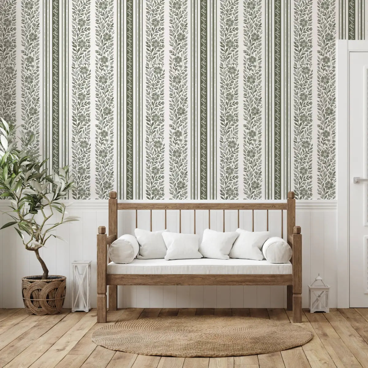 Leigh Wallpaper - Neutral Floral Stripe - by Kathryn Therese - Loomwell Home Goods