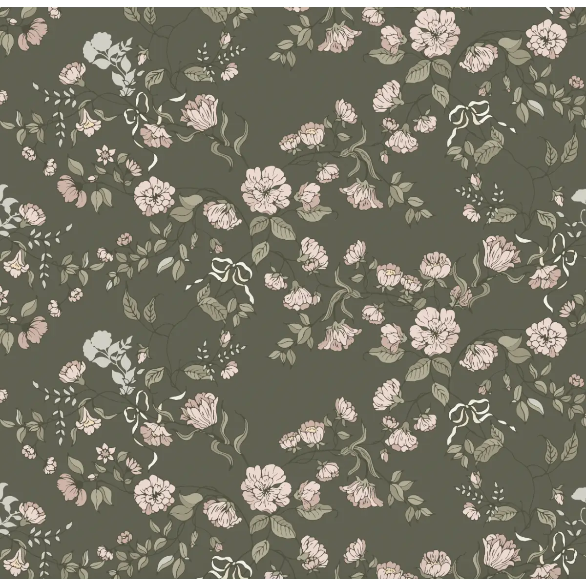 Lettie Wallpaper - Pink Flowers - by Ali Anni - Sample 1 foot by 1 foot / Olive - Loomwell Home Goods