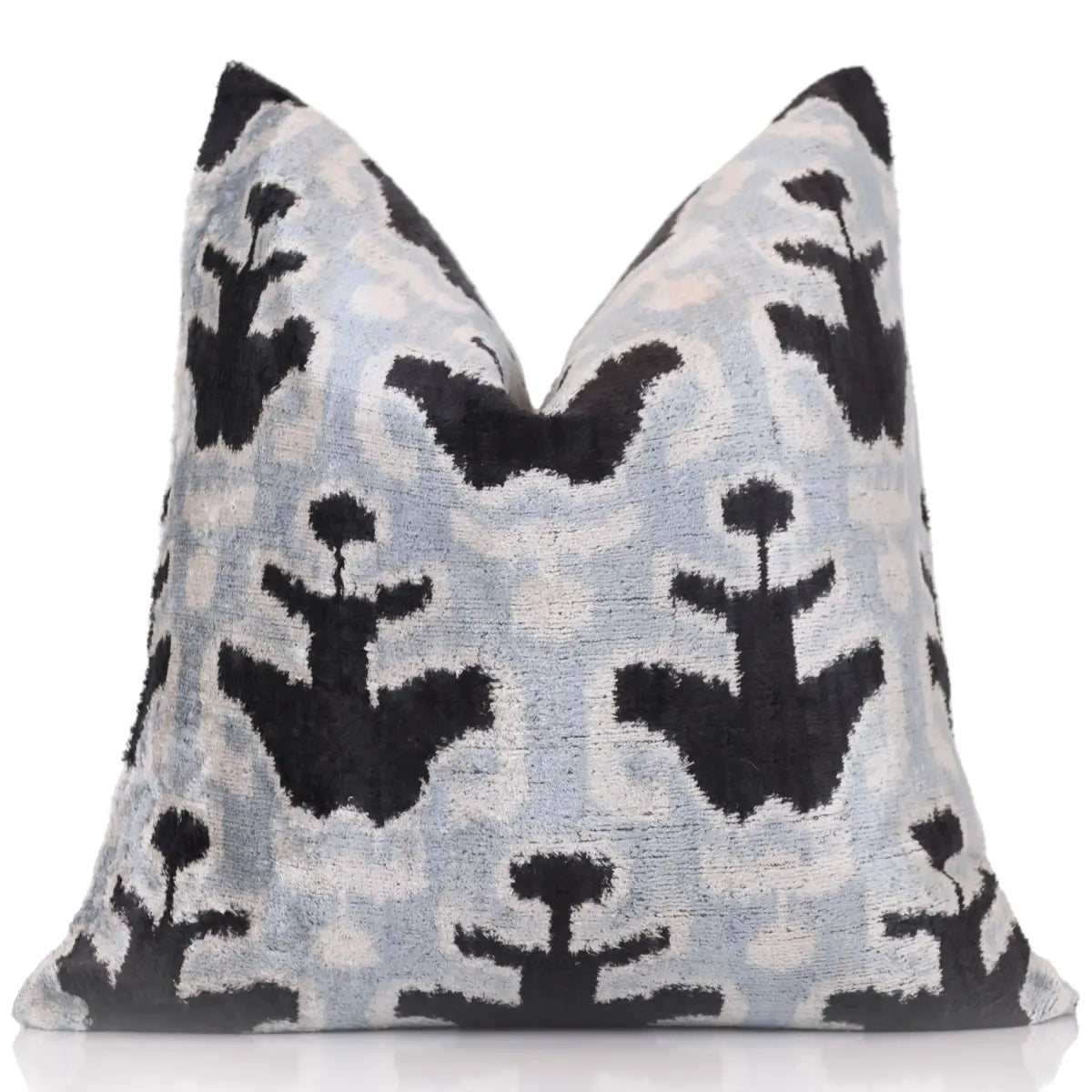 Light Blue Black Silk Velvet Pillow – 20x20 Handmade Ikat Throw Cushion - Canvello