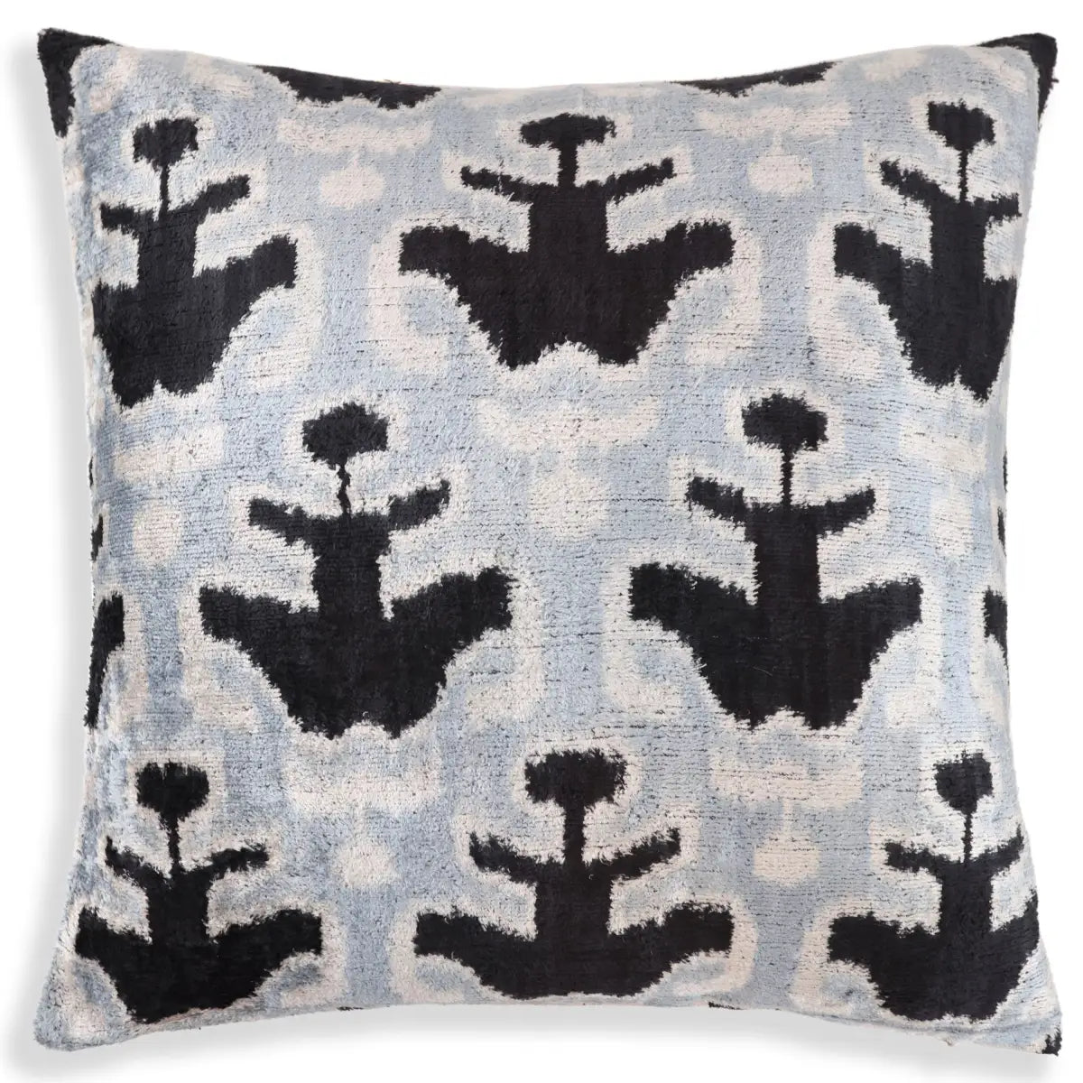 Light Blue Black Silk Velvet Pillow – 20x20 Handmade Ikat Throw Cushion - Canvello