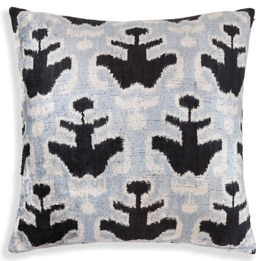 Light Blue Black Silk Velvet Pillow – 20x20 Handmade Ikat Throw Cushion - Canvello