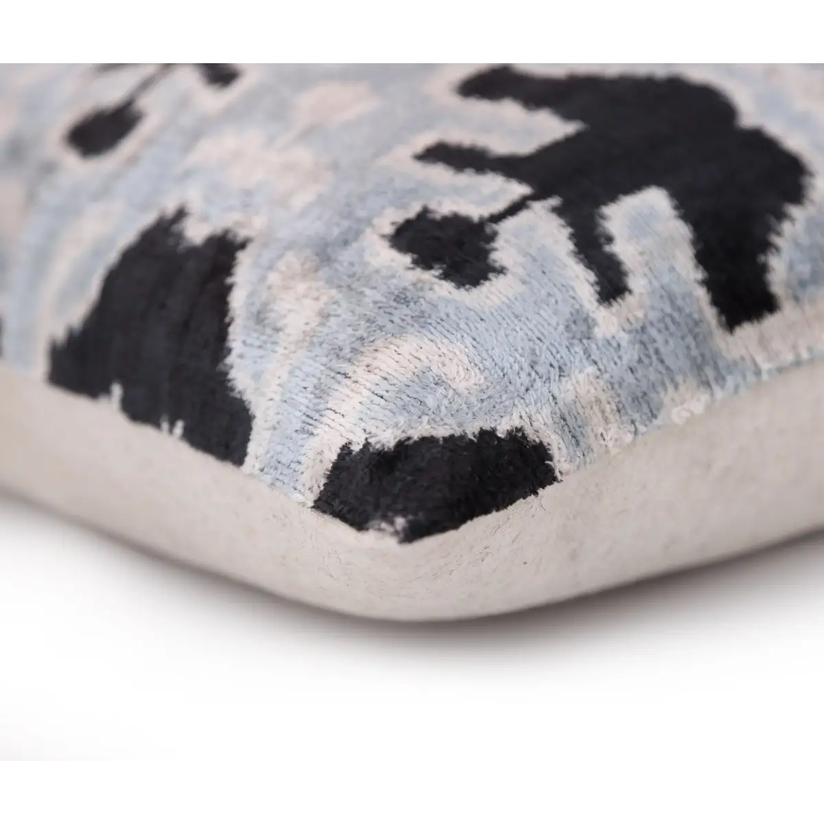 Light Blue Black Silk Velvet Pillow – 20x20 Handmade Ikat Throw Cushion - Canvello