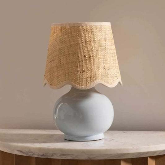 Light Blue Table Lamp with Scalloped Shade - 13’’H x 8’’W x 8’’D - Boutique Rugs