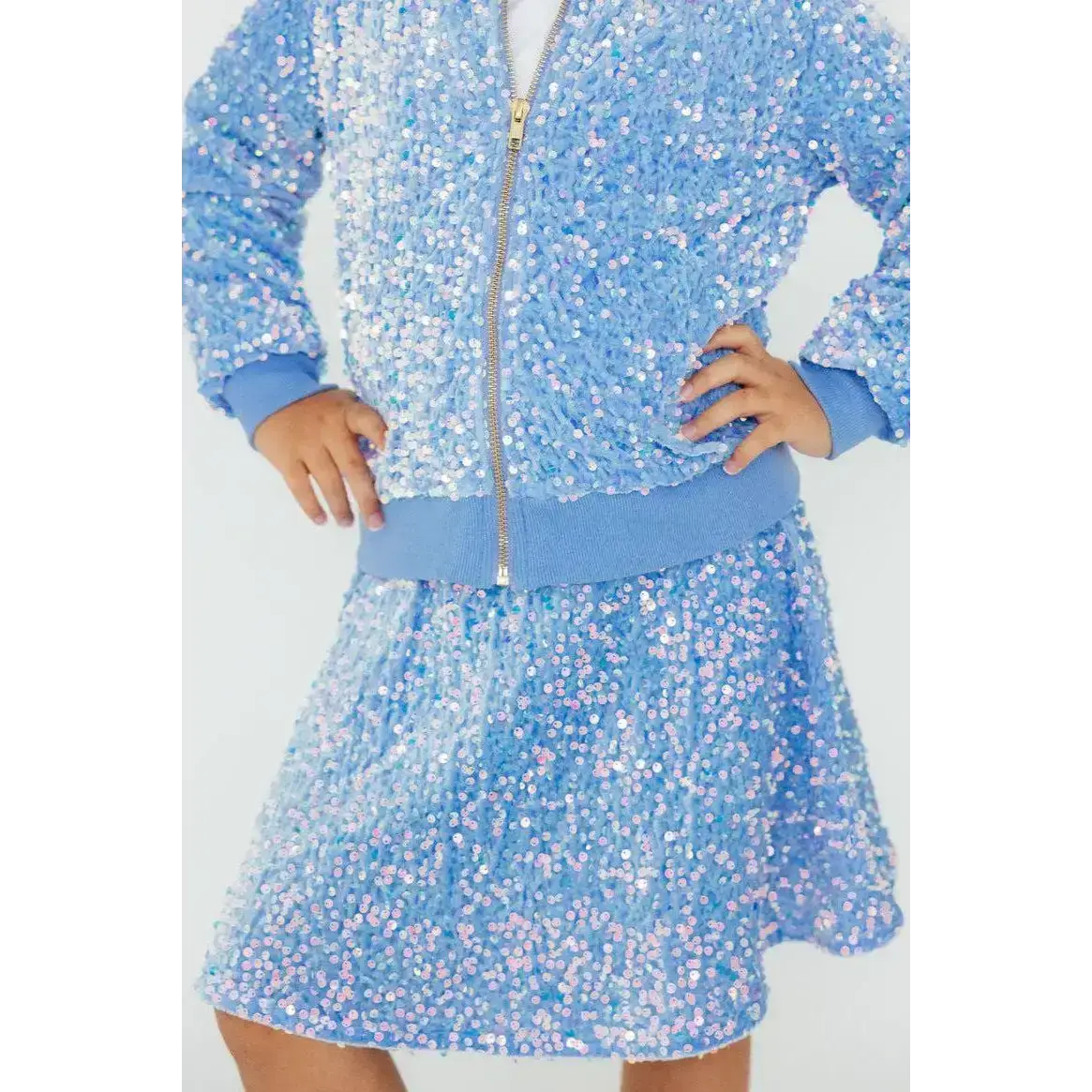 Light Blue Velvet Sequin Twirl Skirt with Shorts - Mila & Rose ®