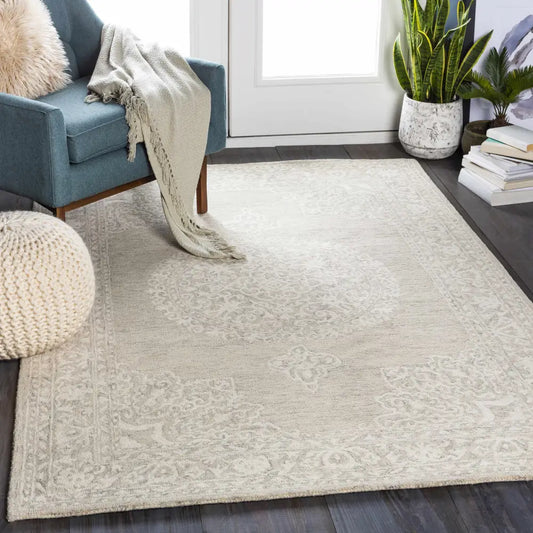Light Gray Medallion Wool Area Rug - Boutique Rugs