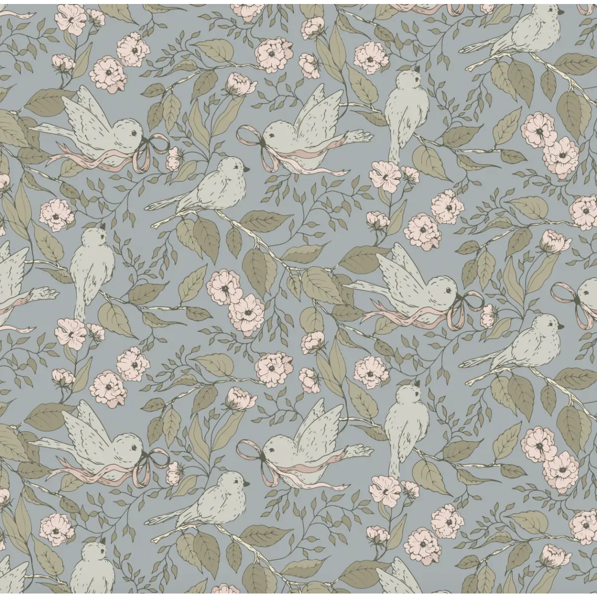 Lilla Wallpaper - Birds and Blooms - by Ali Anni - Sample 1 foot by 1 foot / Blue - Loomwell Home Goods