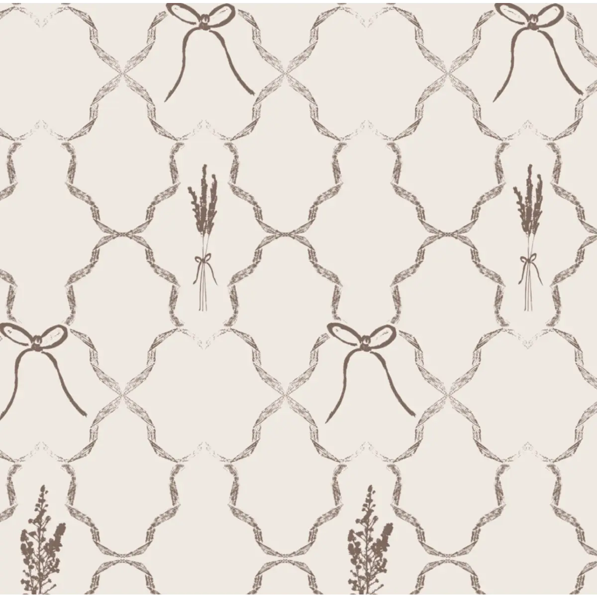 Livingston Wallpaper - Lavender and Bows - by Rusky Rose by Amy - Sample 1 foot by 1 foot / Cream and Brown - Loomwell