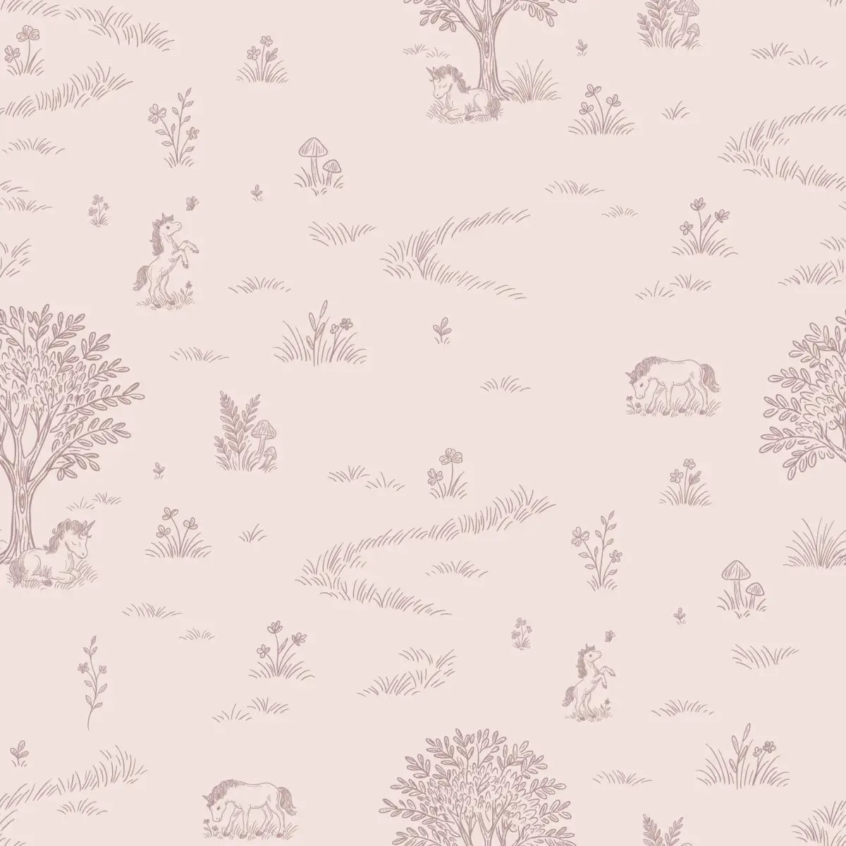 Locke Wallpaper - Unicorn Fields Line Drawing for Kids - by The Feral Flower - Sample 1 foot by 1 foot / Blush