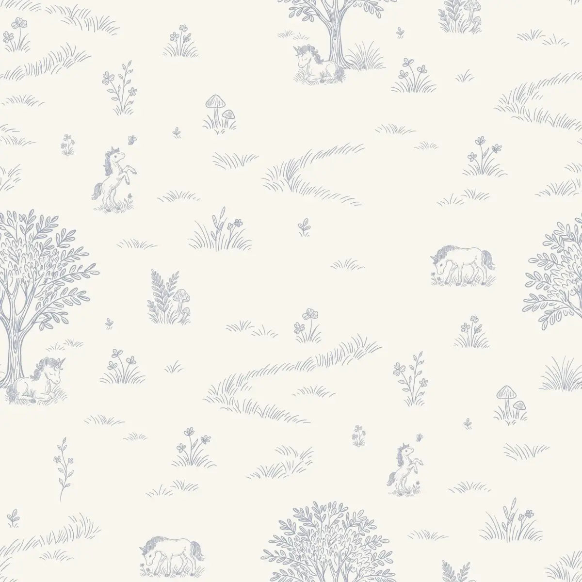 Locke Wallpaper - Unicorn Fields Line Drawing for Kids - by The Feral Flower - Sample 1 foot by 1 foot / Dusty Blue