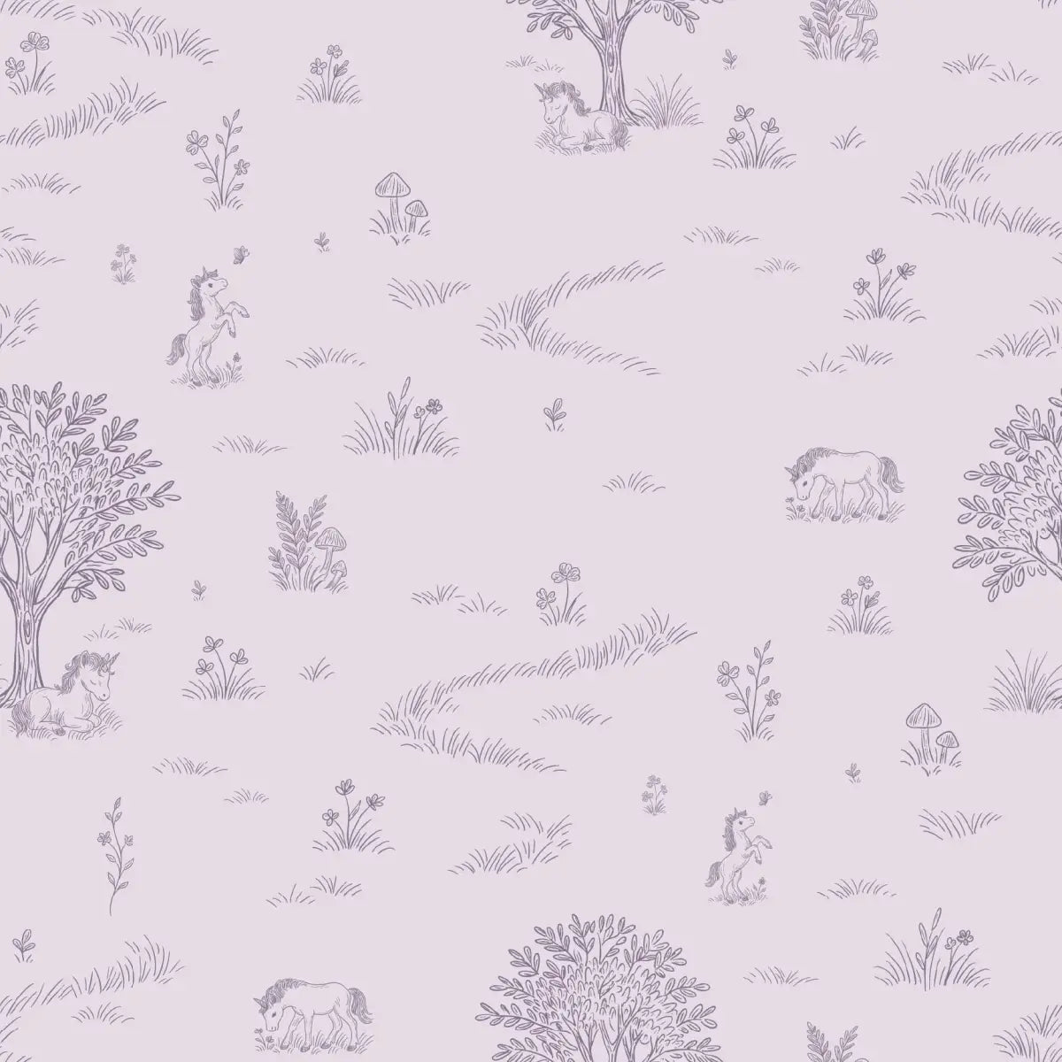 Locke Wallpaper - Unicorn Fields Line Drawing for Kids - by The Feral Flower - Sample 1 foot by 1 foot / Lavender