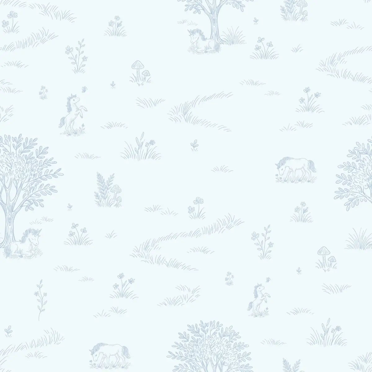 Locke Wallpaper - Unicorn Fields Line Drawing for Kids - by The Feral Flower - Sample 1 foot by 1 foot / Light Blue