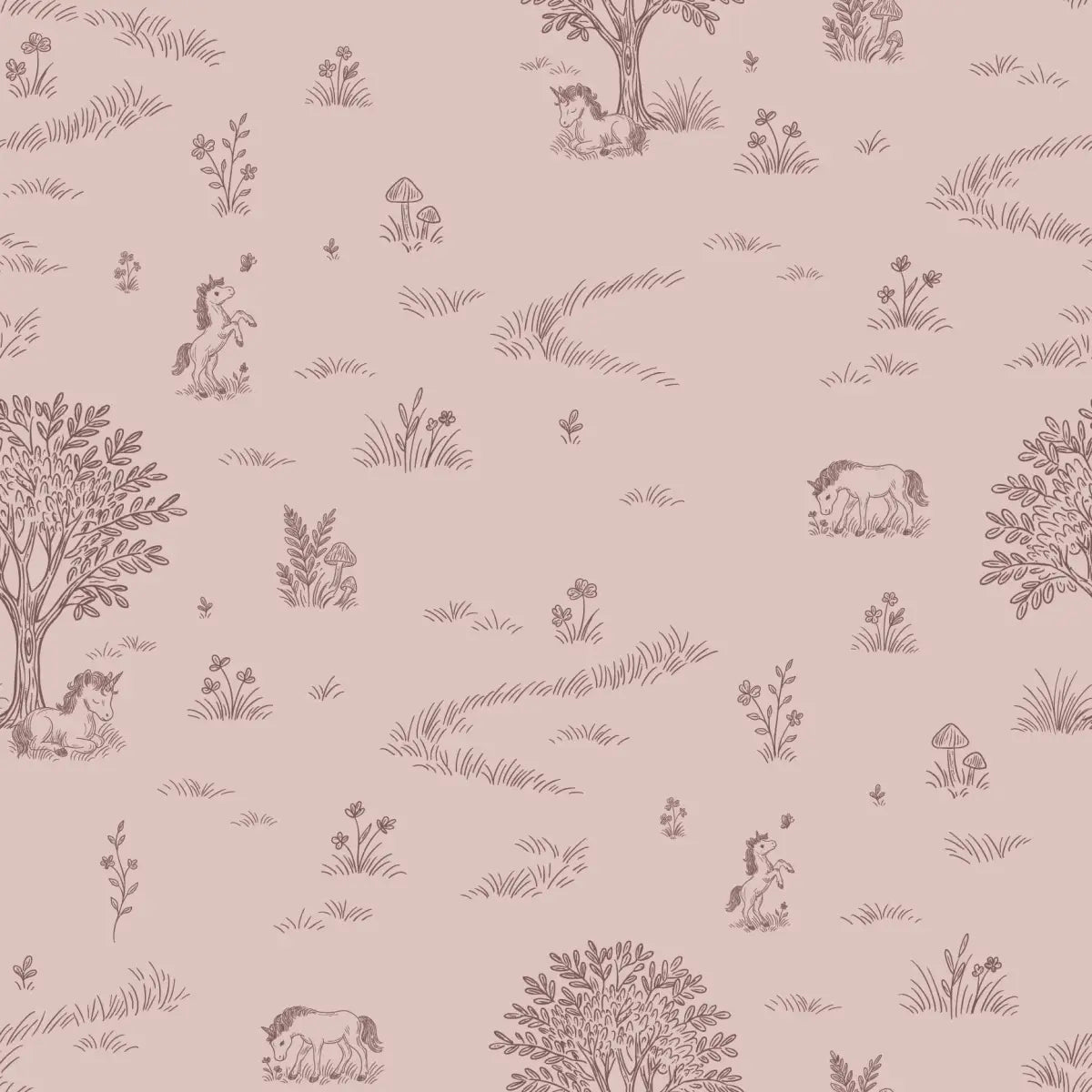 Locke Wallpaper - Unicorn Fields Line Drawing for Kids - by The Feral Flower - Sample 1 foot by 1 foot / Mauve