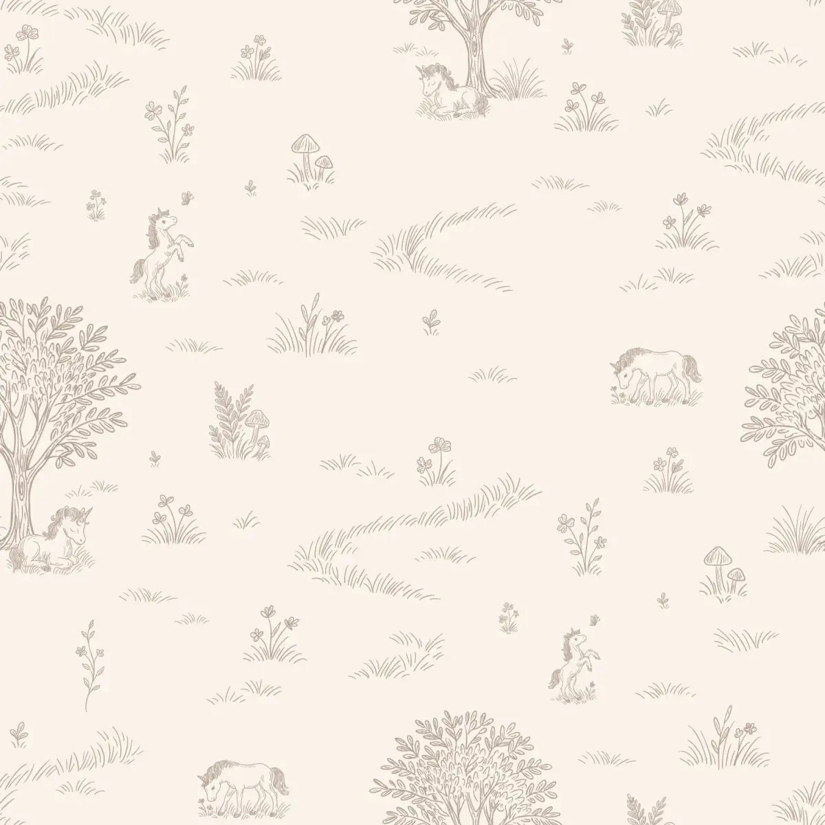 Locke Wallpaper - Unicorn Fields Line Drawing for Kids - by The Feral Flower - Sample 1 foot by 1 foot / Neutral