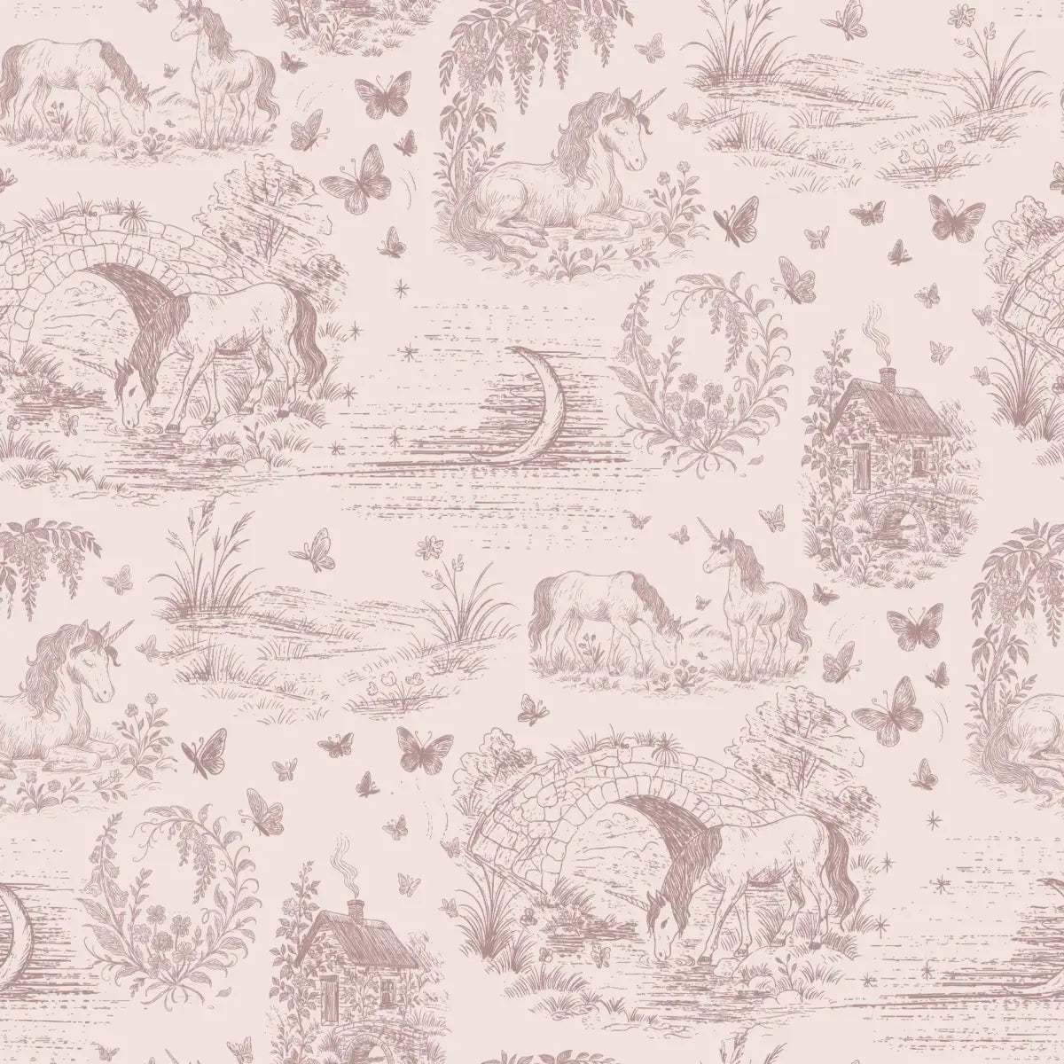 Locket Wallpaper - Unicorns for Kids - by The Feral Flower - Sample 1 foot by 1 foot / Blush - Loomwell Home Goods