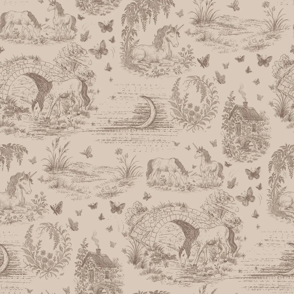 Locket Wallpaper - Unicorns for Kids - by The Feral Flower - Sample 1 foot by 1 foot / Brown - Loomwell Home Goods