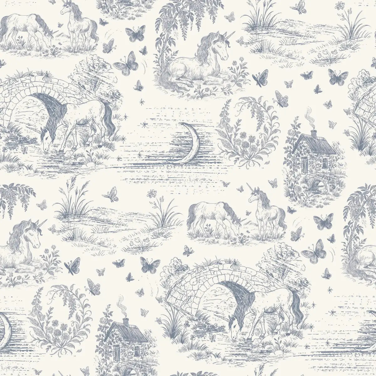 Locket Wallpaper - Unicorns for Kids - by The Feral Flower - Sample 1 foot by 1 foot / Dusty Blue - Loomwell Home Goods