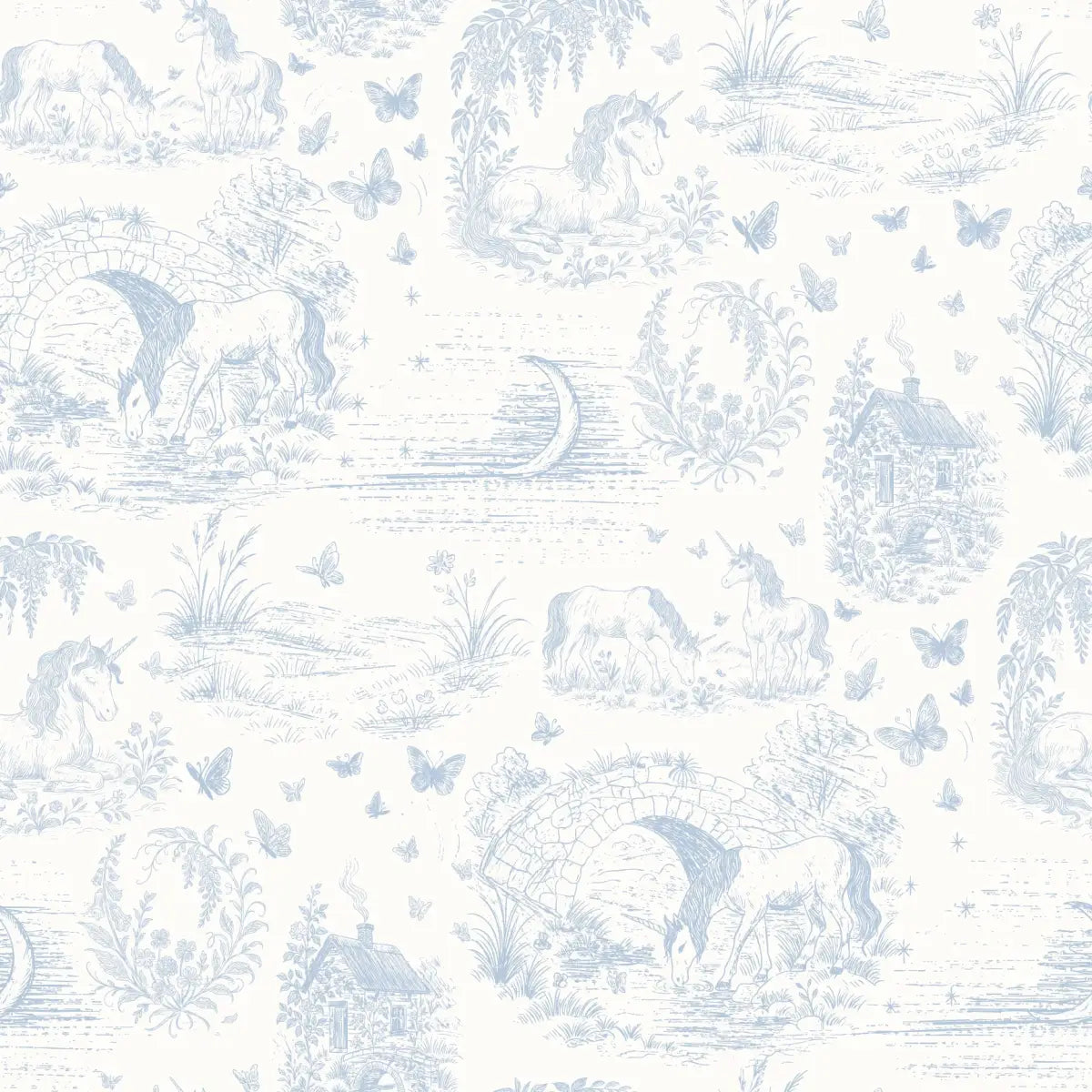 Locket Wallpaper - Unicorns for Kids - by The Feral Flower - Sample 1 foot by 1 foot / Light Blue - Loomwell Home Goods