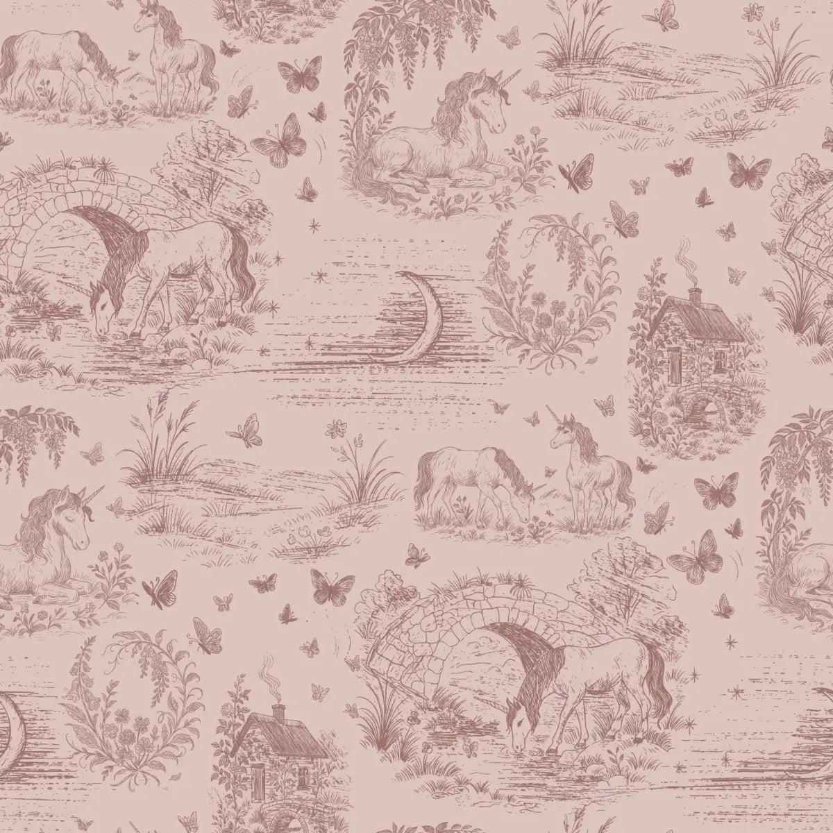 Locket Wallpaper - Unicorns for Kids - by The Feral Flower - Sample 1 foot by 1 foot / Mauve - Loomwell Home Goods