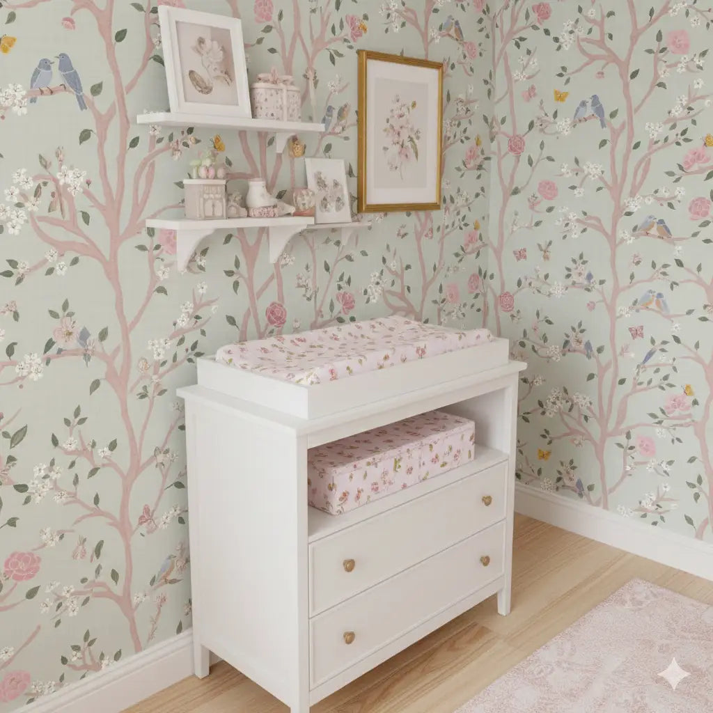 Lockie Wallpaper - Birds in Branches with Flowers - by Danielle Eneh - Loomwell Home Goods