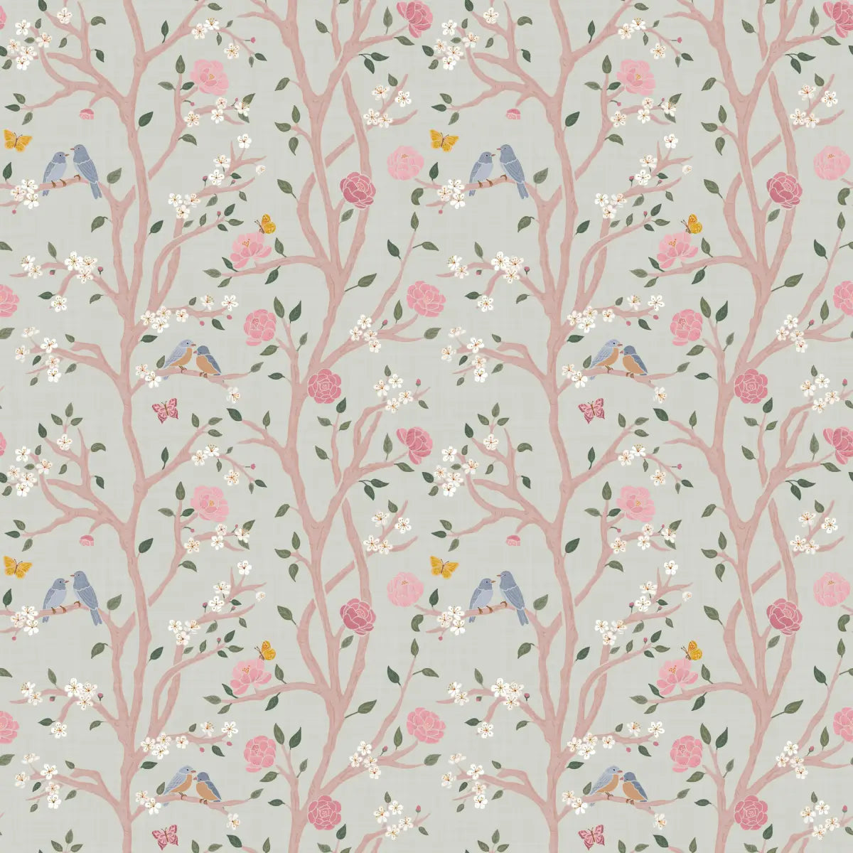 Lockie Wallpaper - Birds in Branches with Flowers - by Danielle Eneh - Loomwell Home Goods