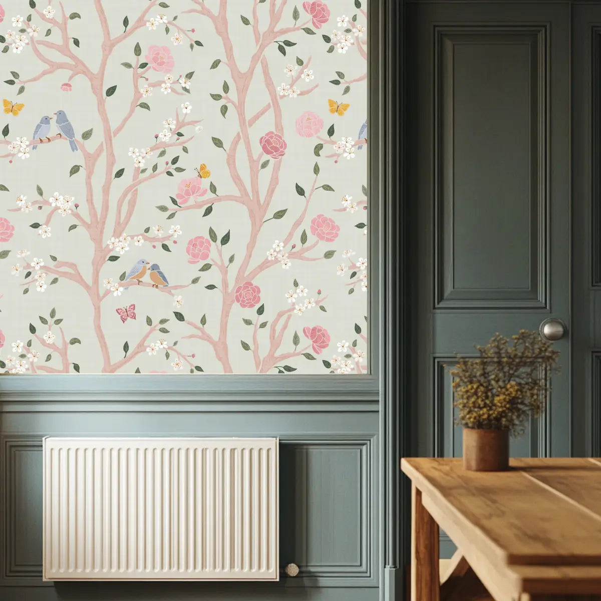 Lockie Wallpaper - Birds in Branches with Flowers - by Danielle Eneh - Loomwell Home Goods