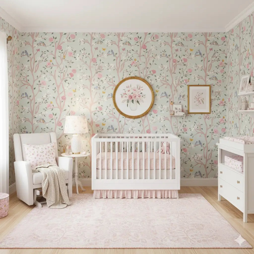 Lockie Wallpaper - Birds in Branches with Flowers - by Danielle Eneh - Loomwell Home Goods