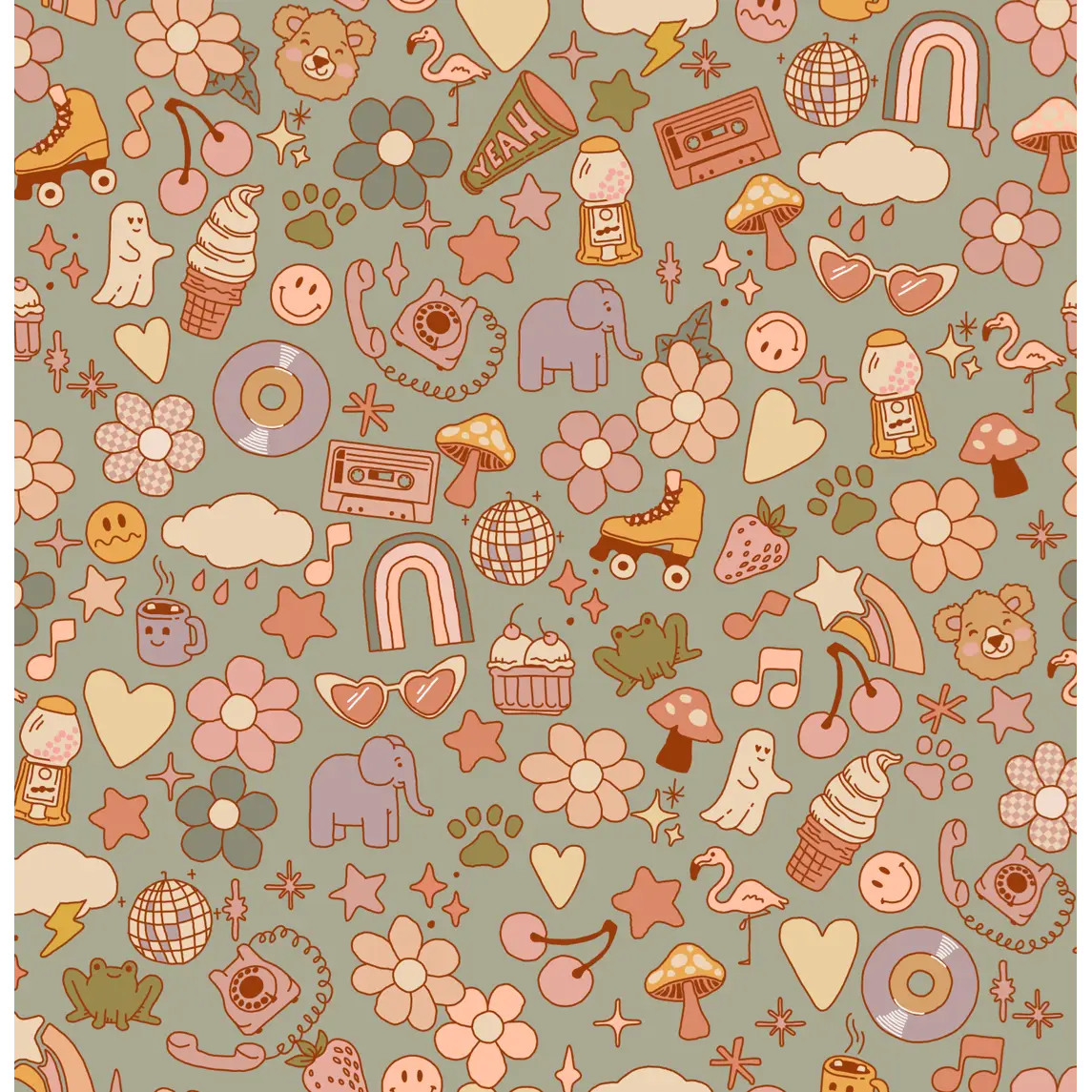 Lollie Wallpaper - Retro Cartoon Things - by Thread Mama - Sample 1 foot by 1 foot / Green - Loomwell Home Goods