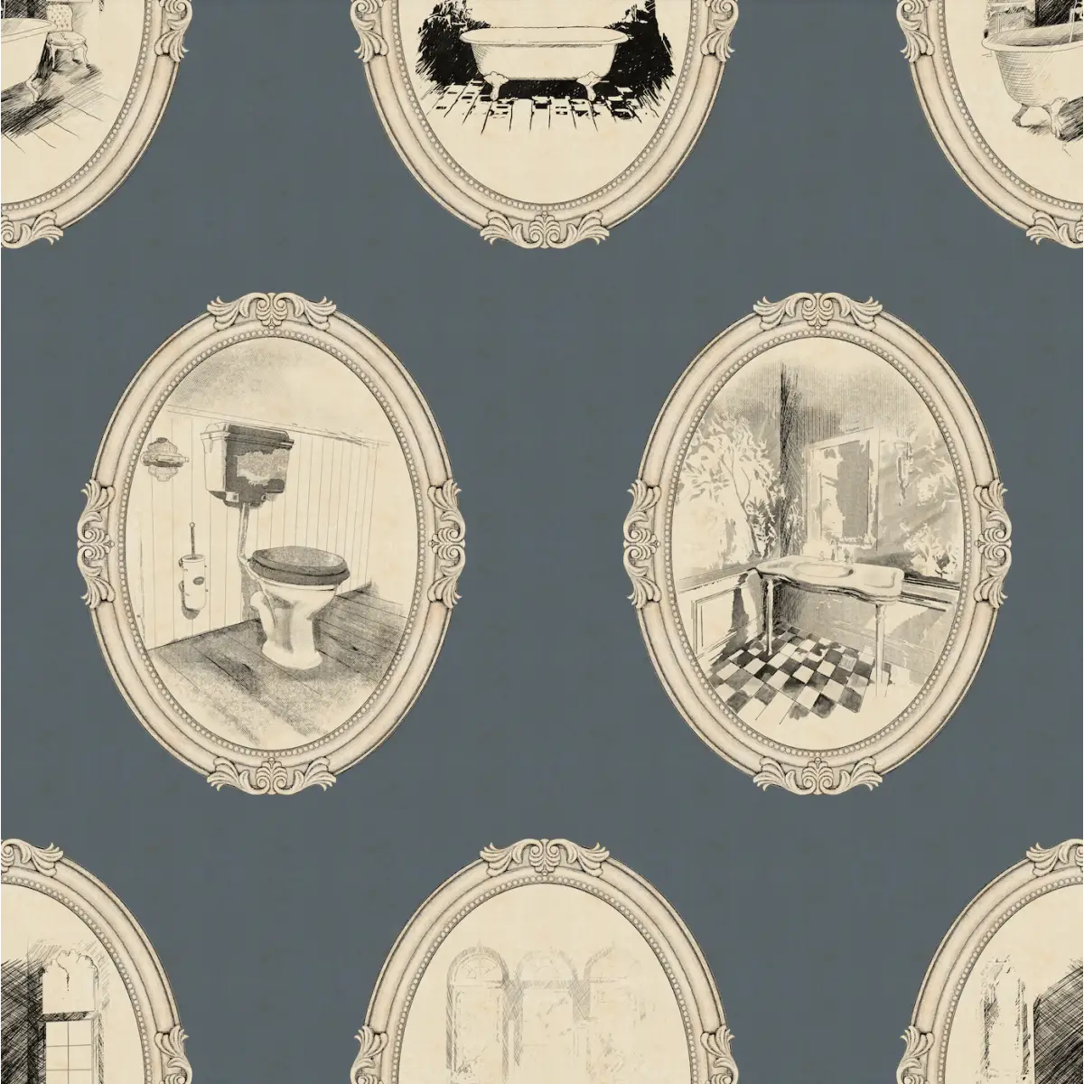 Lou Wallpaper - Bathroom Oval Vignettes - by Karin Beatrice Levin - Sample 1 foot by 1 foot / Blue - Loomwell Home Goods