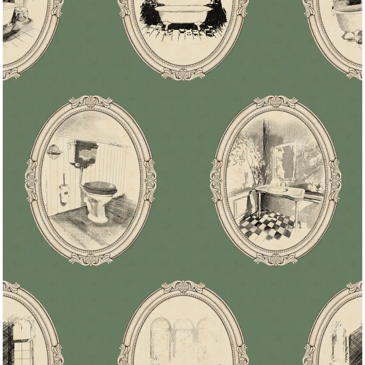 Lou Wallpaper - Bathroom Oval Vignettes - by Karin Beatrice Levin - Sample 1 foot by 1 foot / Green - Loomwell Home
