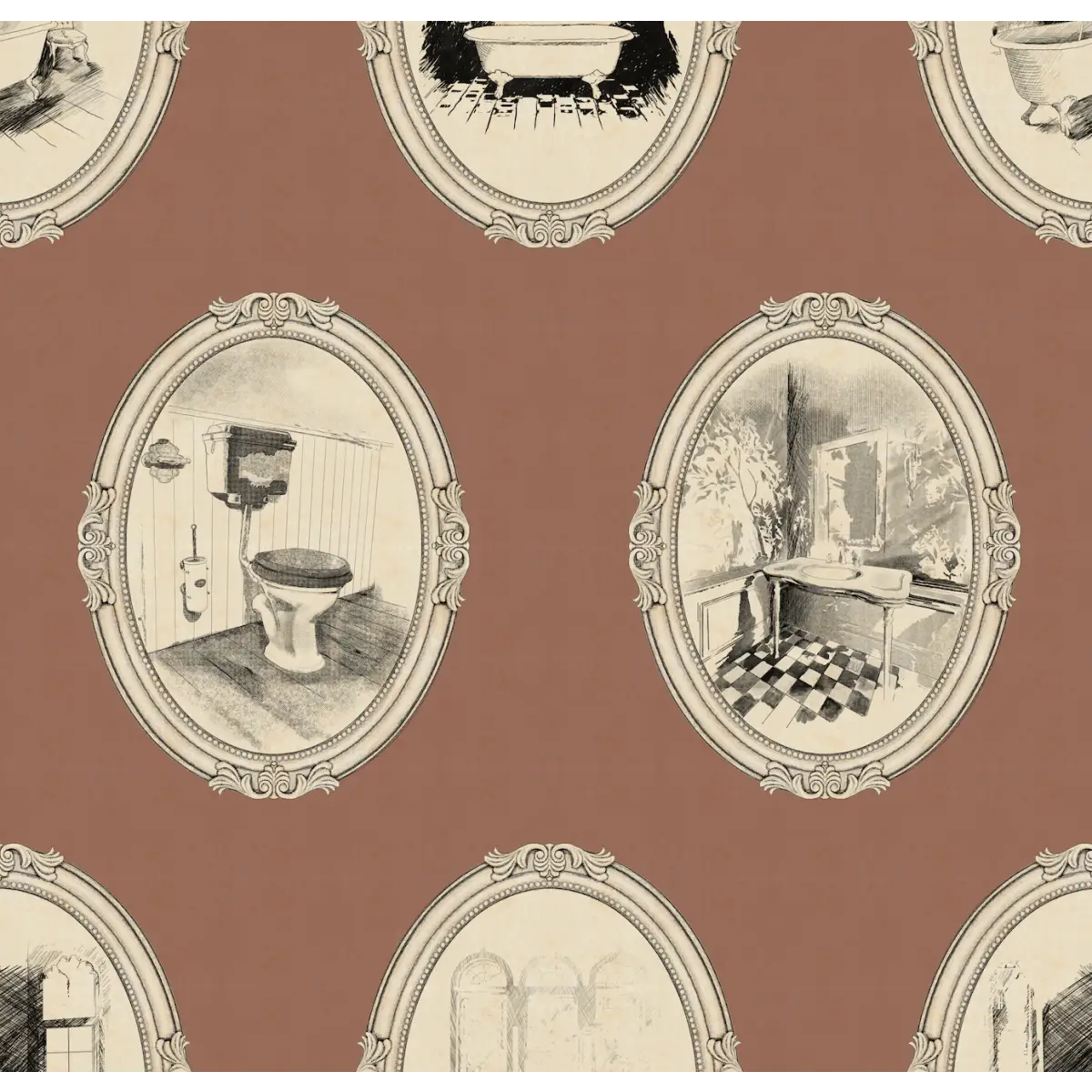 Lou Wallpaper - Bathroom Oval Vignettes - by Karin Beatrice Levin - Sample 1 foot by 1 foot / Red - Loomwell Home Goods
