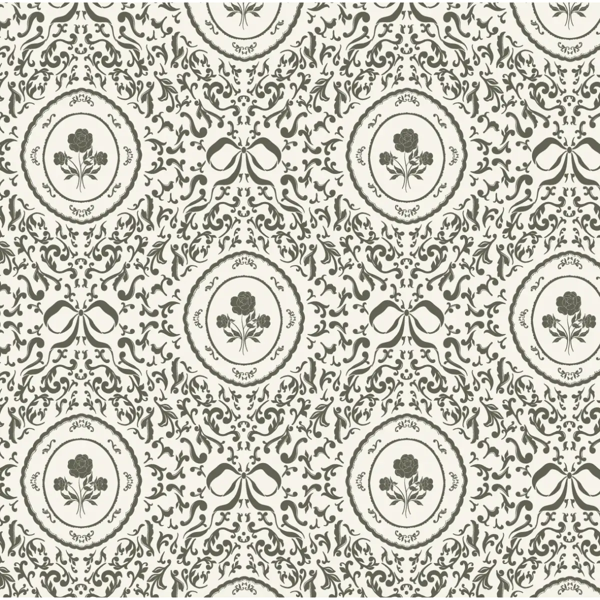 Louise Wallpaper - Framed Flowers and Bows - by Ali Anni - Sample 1 foot by 1 foot / Cream and Dark Olive - Loomwell
