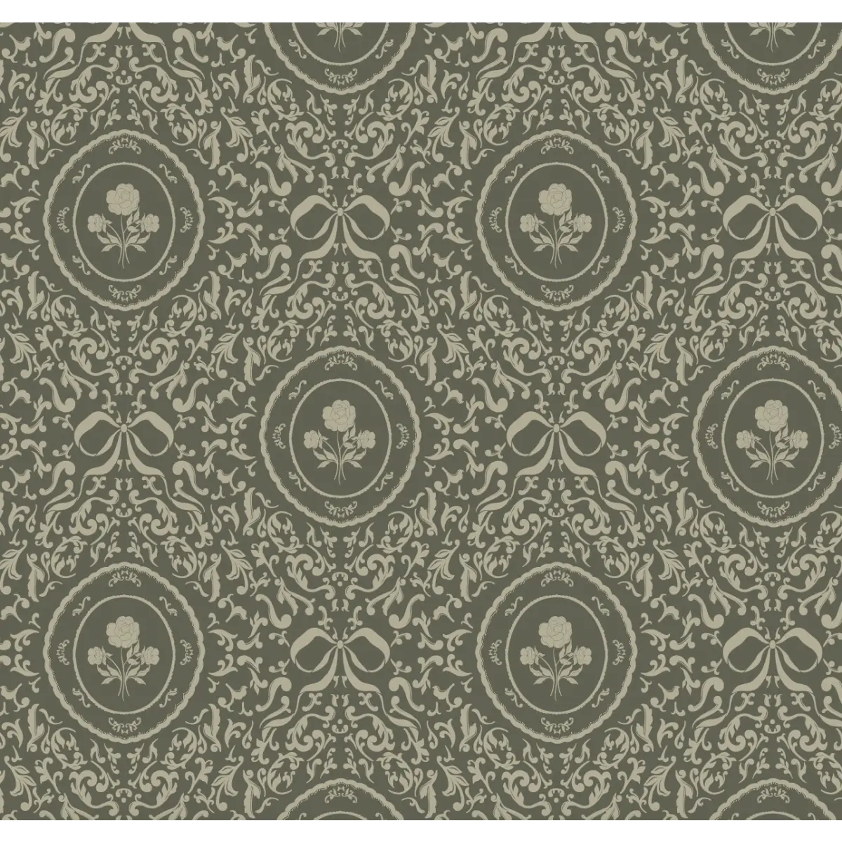 Louise Wallpaper - Framed Flowers and Bows - by Ali Anni - Sample 1 foot by 1 foot / Sage and Dark Olive - Loomwell